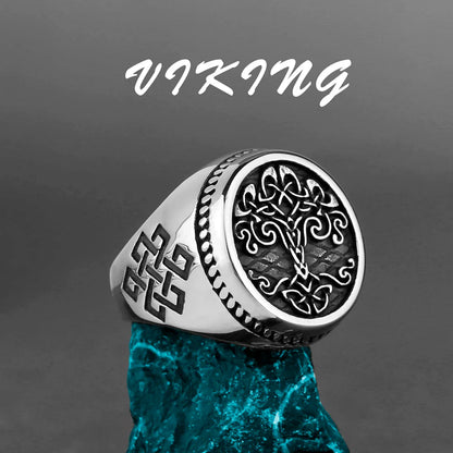 Nordic Viking Stainless Steel Ring - Compass Tree of Life Rune Wolf Amulet Jewelry for Men & Women