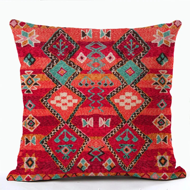 Bohemian Linen Cushion Cover – Multicolor Ethnic Geometric Pattern Decorative Pillow for Living Room Sofa