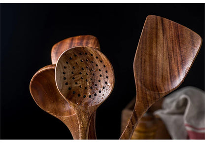 1-7pcs Teak Wood Tableware Set – Natural Wooden Spoons, Colander Spoon & Soup Skimmer Cooking Tool Kit