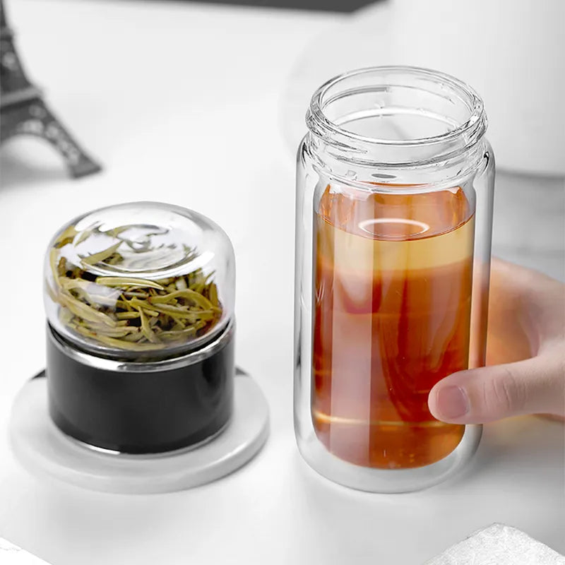 390ML High Borosilicate Glass Tea Water Bottle - Double Layer Tea Infuser Tumbler Cup Drinkware with Tea Filter