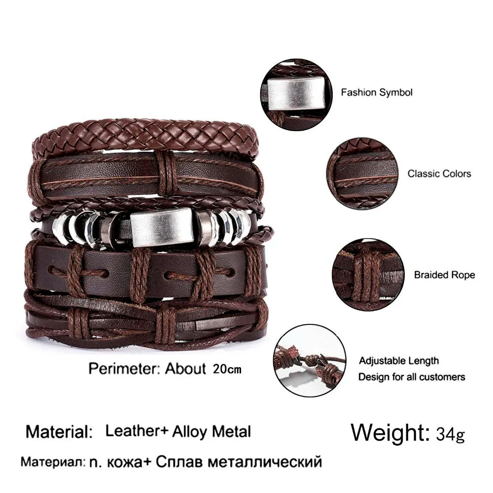Men's Vintage Multilayer Leather Braid Bracelet - Handmade Star, Leaf & Owl Rope Wrap Bangle, Male Gift Jewelry