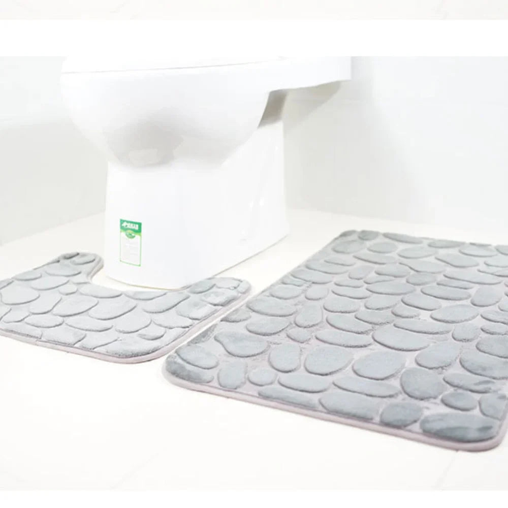 2PC Set Funnel Cobblestone Anti-Slip Bathroom Mat - Toilet Rug, New Bath Mat Set