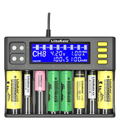 LiitoKala Lii-S12/Lii-S8 Battery Charger – LCD 18650, 21700, 26650, 26700, 20700, 18350, 9V IMR, NiMH/Cd, AA & AAA Rechargeable Batteries