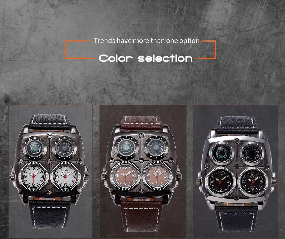 Oulm Men’s Two Time Zone Army Pilot Watch — Large Military Quartz Leather Strap Wristwatch