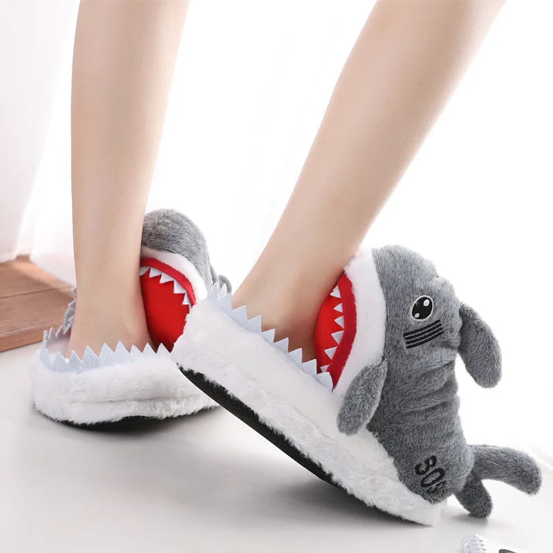 Feerldi Shark Winter Slippers — Cartoon Anime Slip-On Fish Slides for Girls, Boys & Women, Plush Open-Mouth Cotton Shoes