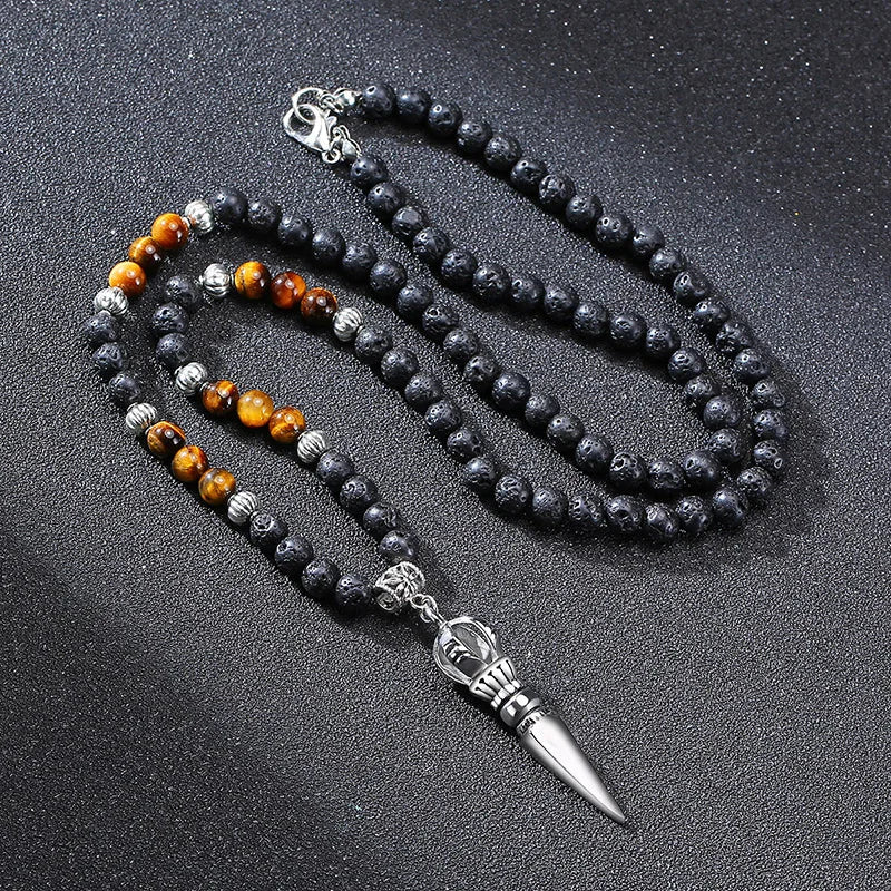 Men's Tibetan Phurba Kilaya Necklace – Tiger’s Eye & Lava Stone Spiritual Dagger Jewelry