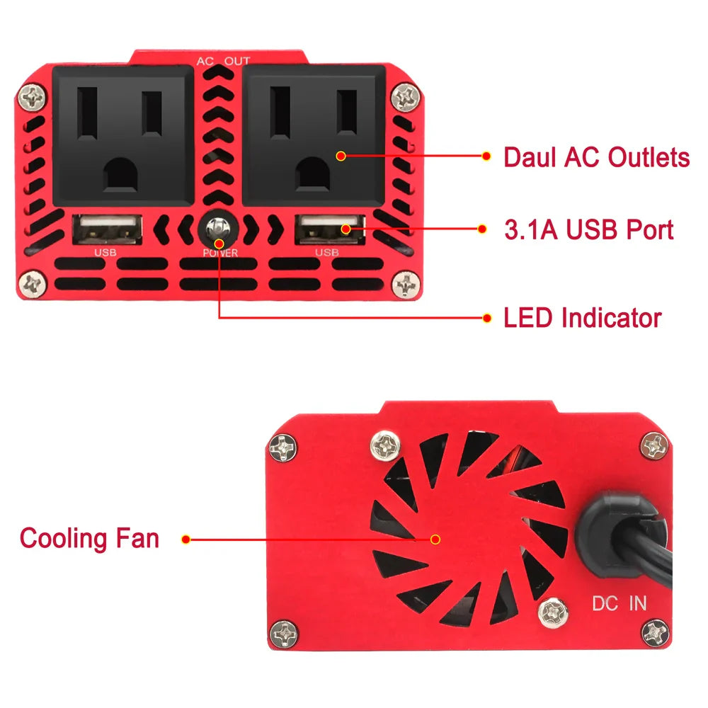 300W Car Power Inverter - DC 12V to AC 110V/220V Dual USB Adapter Converter with Modified Sine Wave, EU & US Sockets