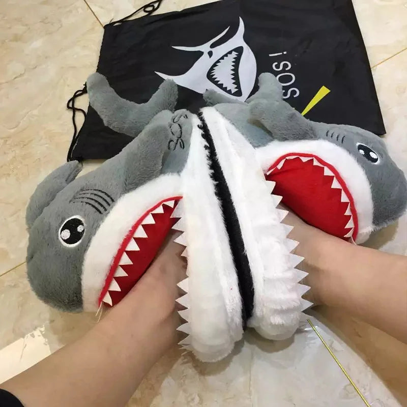 Feerldi Shark Winter Slippers — Cartoon Anime Slip-On Fish Slides for Girls, Boys & Women, Plush Open-Mouth Cotton Shoes