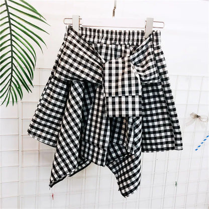 TOTRUST Women’s Fashion Asymmetrical Summer Plaid Mini Skirt – Casual College Style Fake Shirt Design