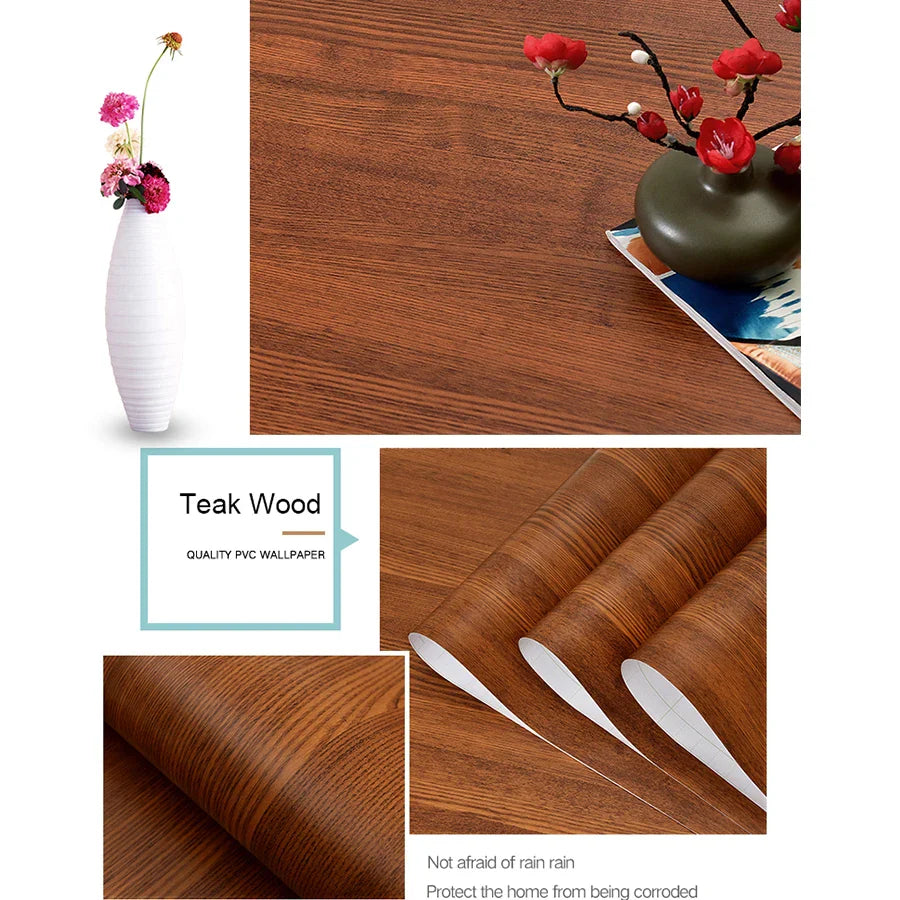 PVC Waterproof Self-Adhesive Wallpaper Roll — Wood Grain Vinyl Decorative Film for Furniture, Cabinets, and DIY Home Decor