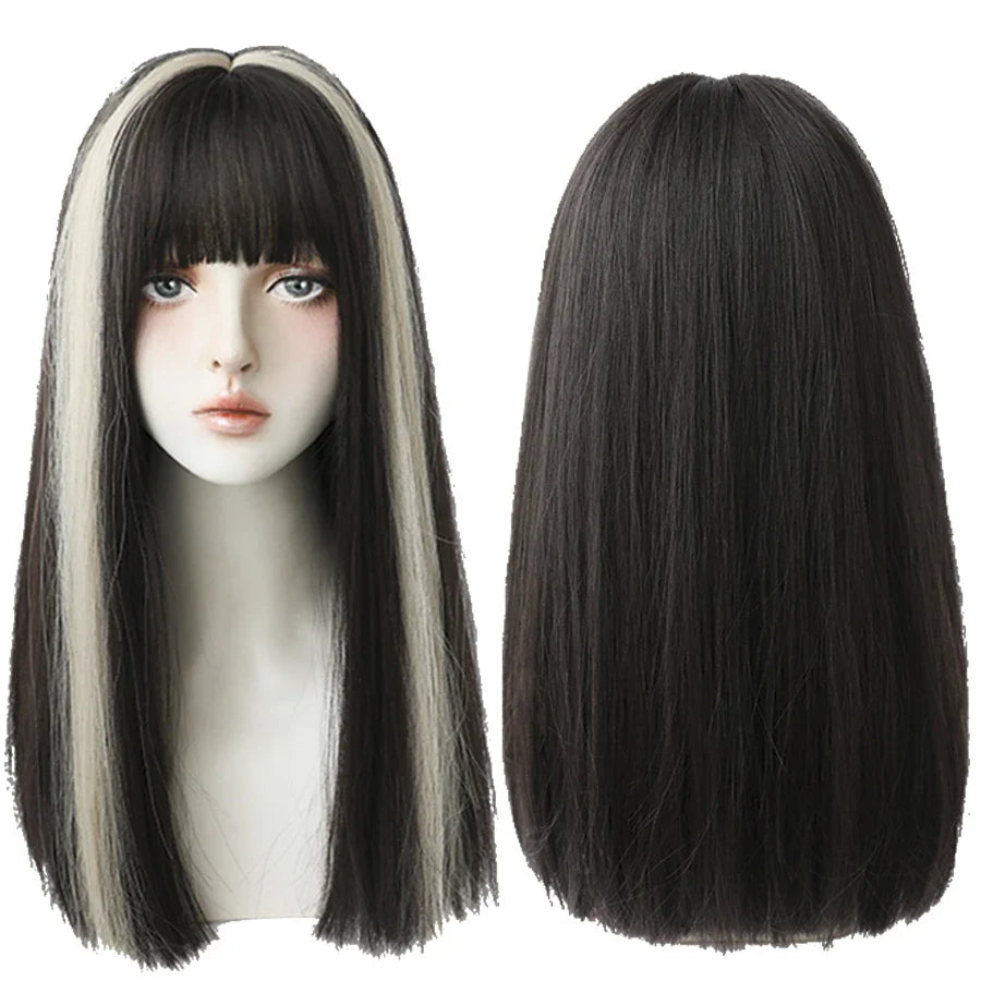 7JHHWIGS Long Straight Light Brown Synthetic Wig with Bangs – Heat-Resistant Daily Wear Wig for Women
