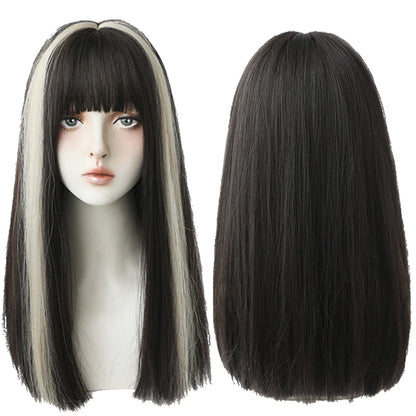 7JHHWIGS Long Straight Light Brown Synthetic Wig with Bangs – Heat-Resistant Daily Wear Wig for Women