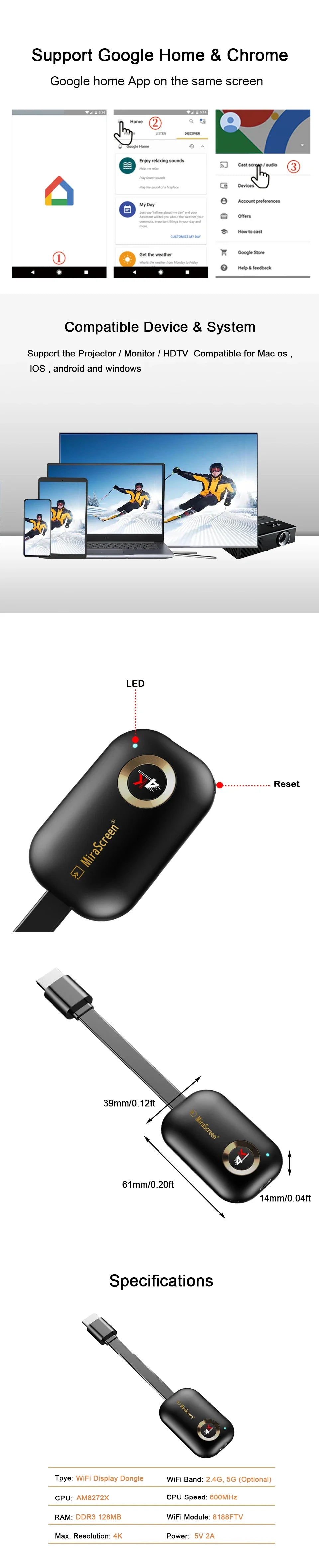 Mirascreen G9 Plus 4K Wireless Display Dongle - 2.4G/5G H.265 Wifi for Miracast, Airplay, DLNA from Android/iOS to TV