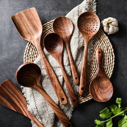 1-9pcs Teak Wood Tableware Set – Natural Wooden Cooking Spoons, Colander Spoon & Soup Skimmer Kitchen Tool Kit