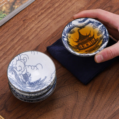 70ML Handmade Blue & White Porcelain Tea Cup – Dragon, Phoenix & Fish Pavilion Design for Chinese Kungfu Tea Ceremony