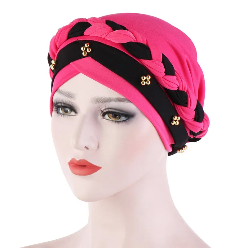 Women’s Cotton Head Scarf – Solid Turban Bonnet Hijab Cap with White Pearl Inner, Muslim Arab Wrap