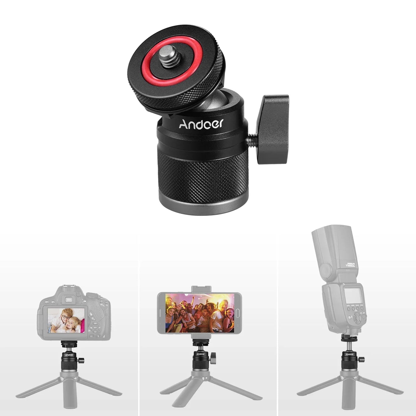 Andoer 2 in 1 Ball Head with 1/4" Screw Mount, 360° Aluminum Alloy for Camera, Phone Holder, Speedlite, Tripod, and Selfie Stick
