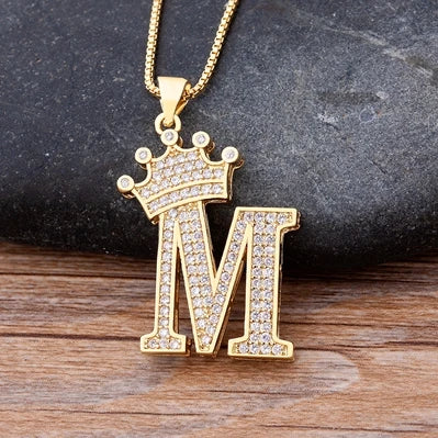 Nidin Luxury A-Z Crown Alphabet Pendant – Copper Zircon Initial Necklace Chain, Hip-Hop Style Jewelry for Men & Women