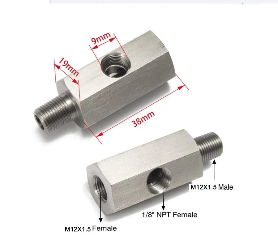 Stainless Steel Oil Pressure Sensor Connector — Side Hole Tee Adapter for 1/8"NPT, 1/4"NPT, M10, M12, M14 Feed Line Gauge