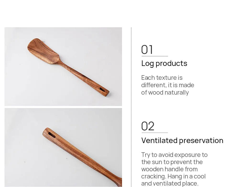 1-9pcs Teak Wood Tableware Set – Natural Wooden Cooking Spoons, Colander Spoon & Soup Skimmer Kitchen Tool Kit