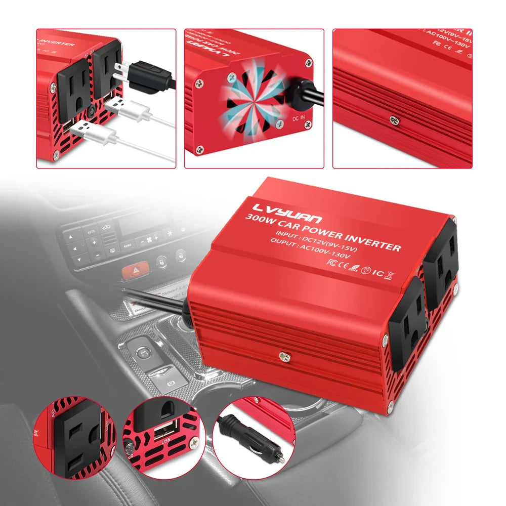 300W Car Power Inverter - DC 12V to AC 110V/220V Dual USB Adapter Converter with Modified Sine Wave, EU & US Sockets
