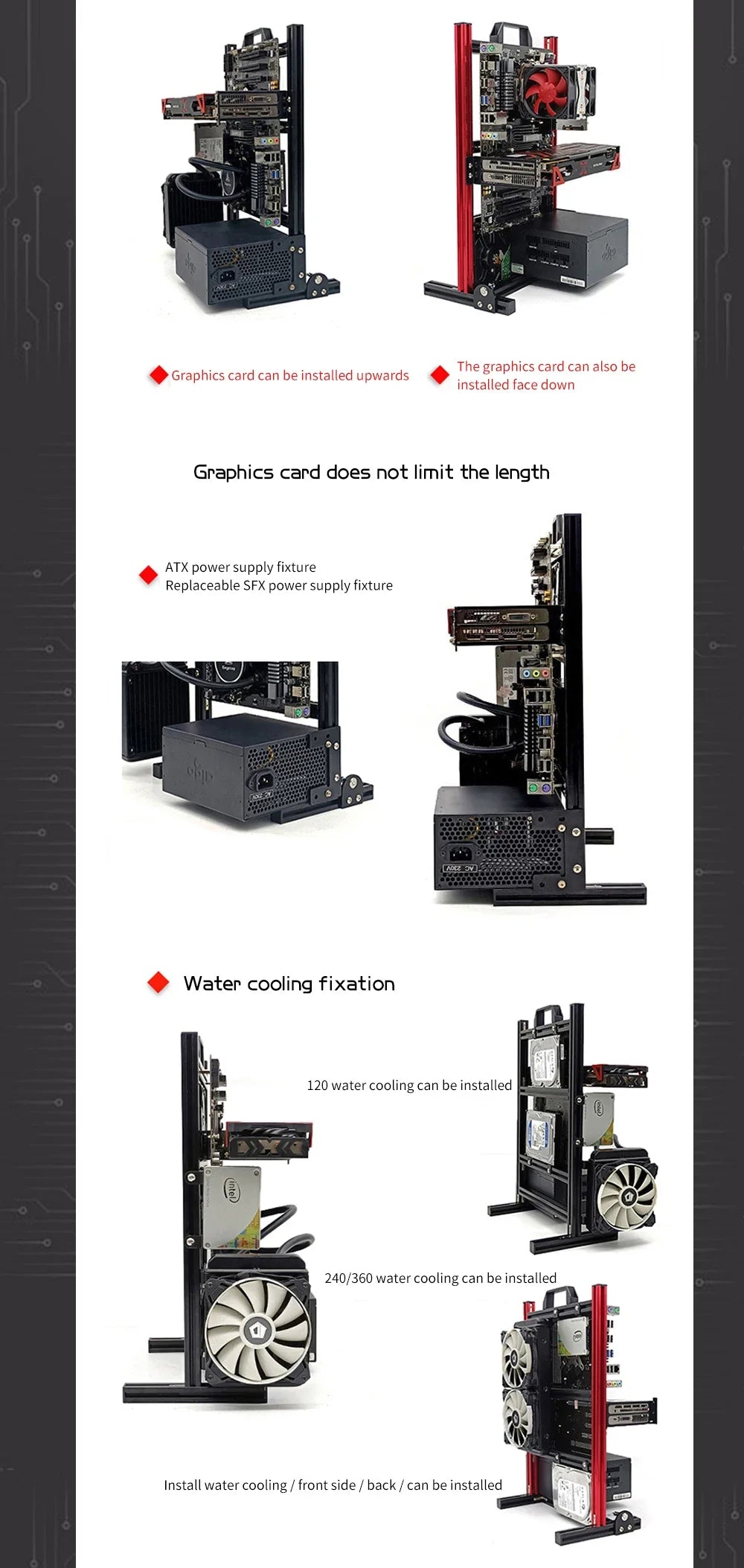 Aluminum Open Frame PC Case – Supports ITX/MATX/ATX Motherboards, Vertical Gaming Cabinet for DIY & Water Cooling Builds