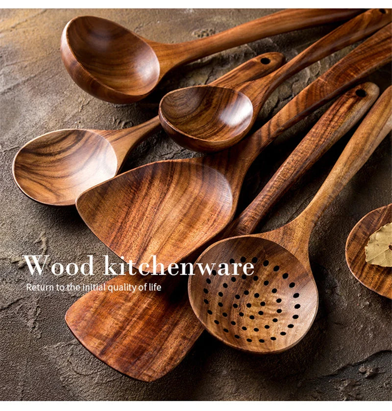 1-7pcs Teak Wood Tableware Set – Natural Wooden Spoons, Colander Spoon & Soup Skimmer Cooking Tool Kit