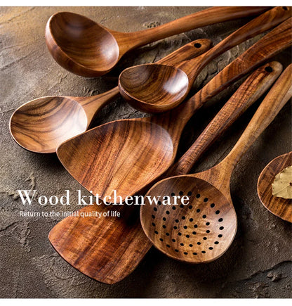 1-7pcs Teak Wood Tableware Set – Natural Wooden Spoons, Colander Spoon & Soup Skimmer Cooking Tool Kit