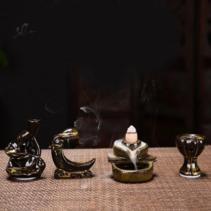 Ceramic Waterfall Incense Burner with Backflow Incense Cones - Home and Office Decor and Housewarming Gift