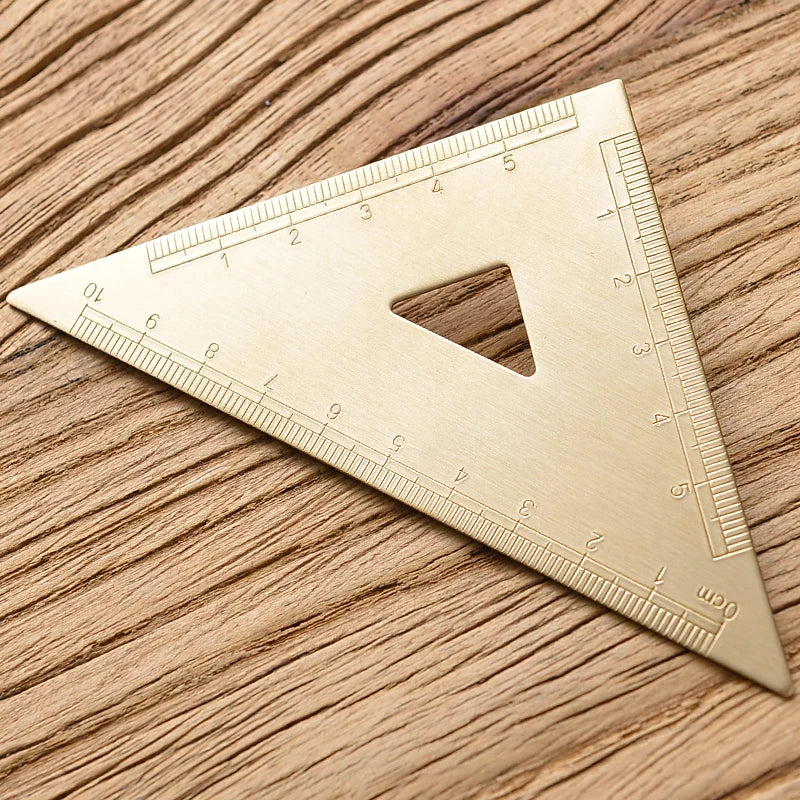 Vintage Brass Straight Ruler — Metal Triangle Protractor Measuring Tool for Students