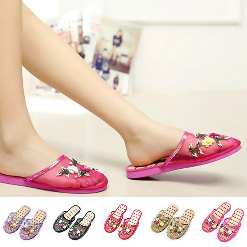 Women’s Sequin Mesh Indoor Slippers – Summer Hollow Flat Beach Flip Flops with Creative Flower Design