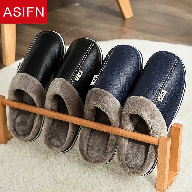 Men’s Large Size Winter Slippers — Waterproof PU Leather Indoor Home Shoes with Fur Cotton, Flat Bedroom Slippers