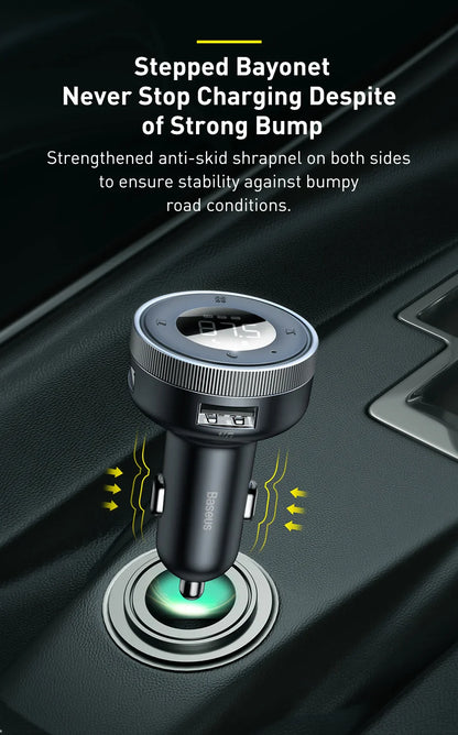 Baseus Bluetooth 5.0 FM Transmitter – Wireless Car Kit with USB Fast Charger, AUX, MP3 Player & Hands-Free Calling