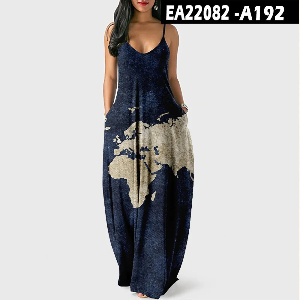 Women’s World Map Beach Dress – Elegant Sexy Long Sundress with Irregular Hem, Sleeveless Spaghetti Straps, Plus Size Summer Dress