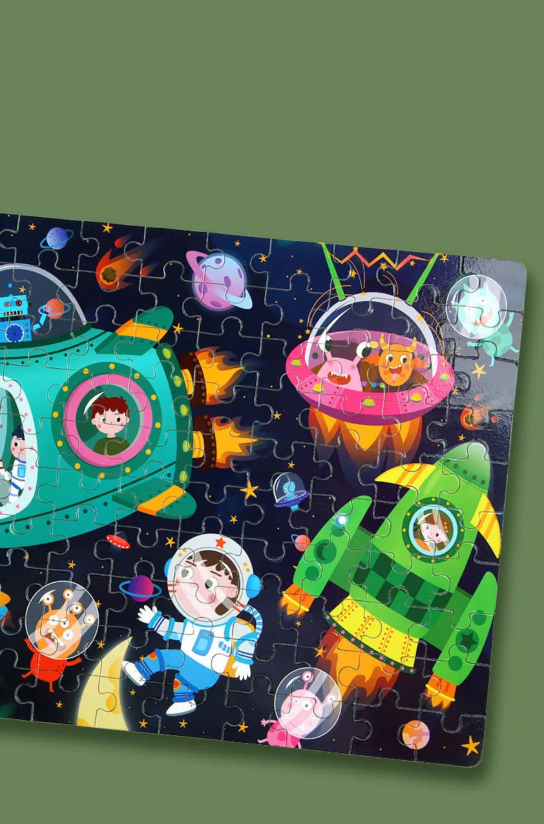 100PCS Kids Wooden Puzzle Set – Cartoon Animal & Vehicle Jigsaw Toys for Early Learning & Parent-Child Play