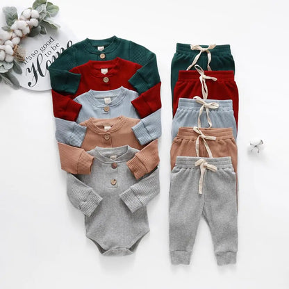 Unisex Baby 2-Piece Outfit Set - Long-Sleeve Ribbed or Plaid Bodysuit with Elastic Pants for Spring & Autumn
