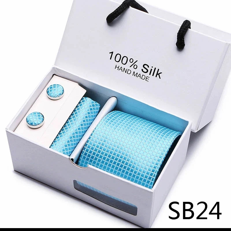 100% Silk Tie Gift Set - Classic Striped Wedding Necktie with Handkerchief for Men