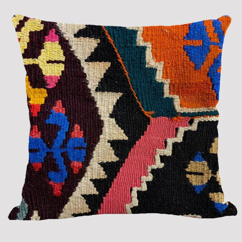 Bohemian Linen Cushion Cover – Multicolor Ethnic Geometric Pattern Decorative Pillow for Living Room Sofa