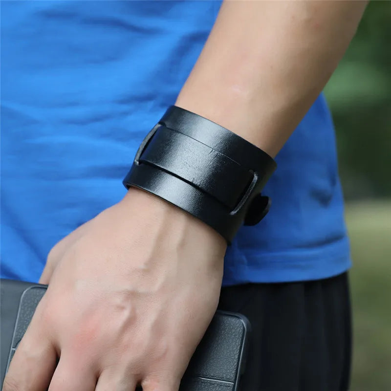 Modyle Fashion Wide Genuine Leather Bracelet – Brown and Black Cuff Bangles, Vintage Punk Wristband for Men