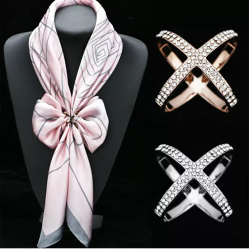 X Shape Cross Crystal Scarf Buckle Brooches for Women - Hollow Scarves Buckle Jewelry Clothing Accessories