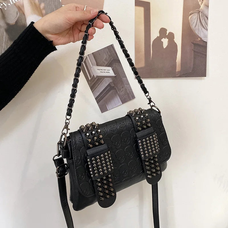 Vintage Skull Rivet PU Leather Shoulder Bag — Women’s Black Crossbody Flap Messenger Handbag