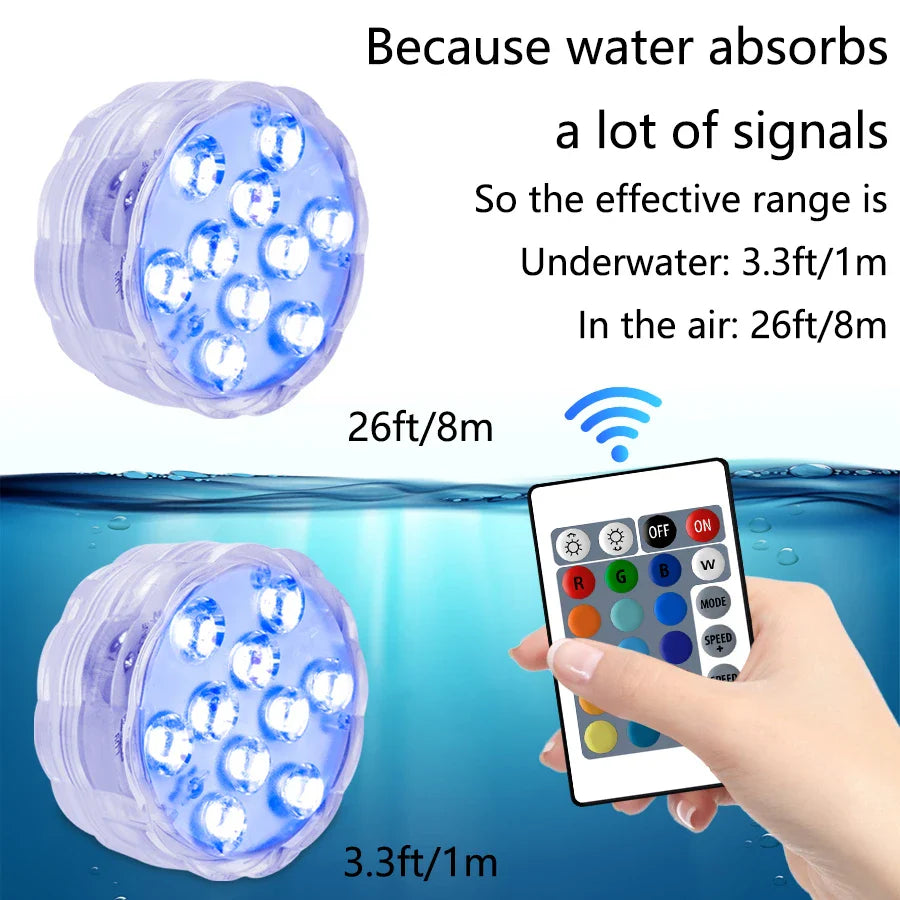 10 LED RGB Underwater Pool Light – Remote Control, Battery Operated, Waterproof Dive Lamp for Aquarium, Vase, and Fish Tank