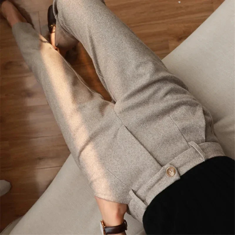 Women's Woolen Harem Pants - High Waisted Casual Pencil Trousers for Autumn/Winter 2024, Ideal for Office and Everyday Wear