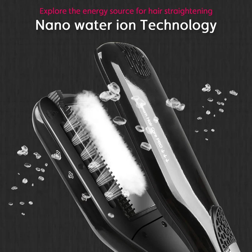 Professional Hair Straightener – Dual Voltage Titanium Curling Iron, Steam Flat Iron & Hot Hair Comb with Wide Plates
