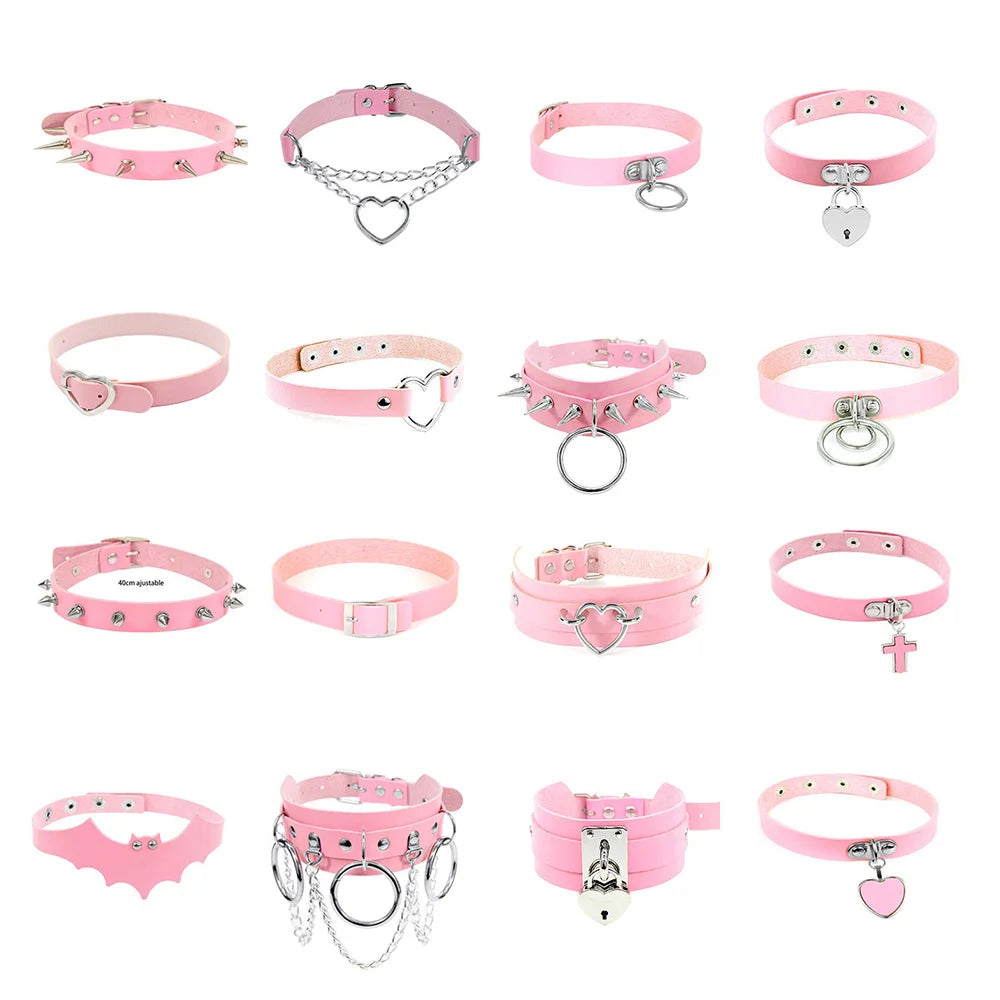 Pink Gothic Collar Necklace – Trendy Rock Leather Heart with Rivets, Harajuku Punk Choker Jewelry for Women, Gift Idea