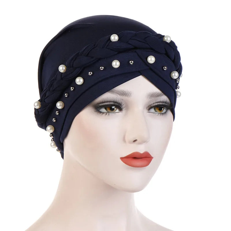 Women’s Cotton Head Scarf – Solid Turban Bonnet Hijab Cap with White Pearl Inner, Muslim Arab Wrap