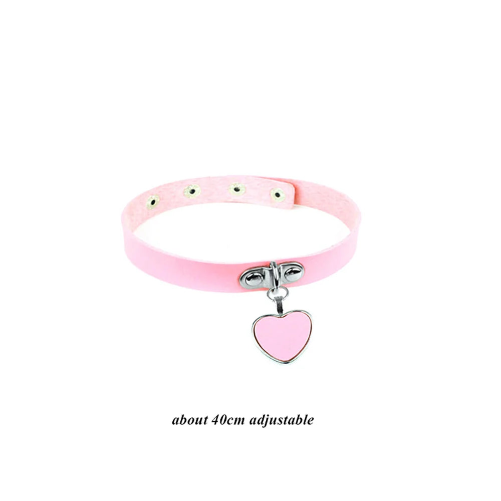 Pink Gothic Collar Necklace – Trendy Rock Leather Heart with Rivets, Harajuku Punk Choker Jewelry for Women, Gift Idea