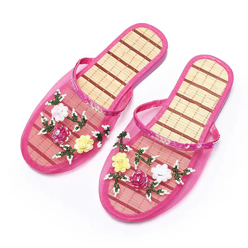 Women’s Sequin Mesh Indoor Slippers – Summer Hollow Flat Beach Flip Flops with Creative Flower Design