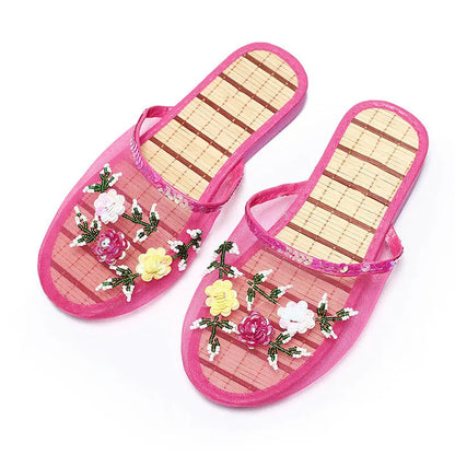 Women’s Sequin Mesh Indoor Slippers – Summer Hollow Flat Beach Flip Flops with Creative Flower Design