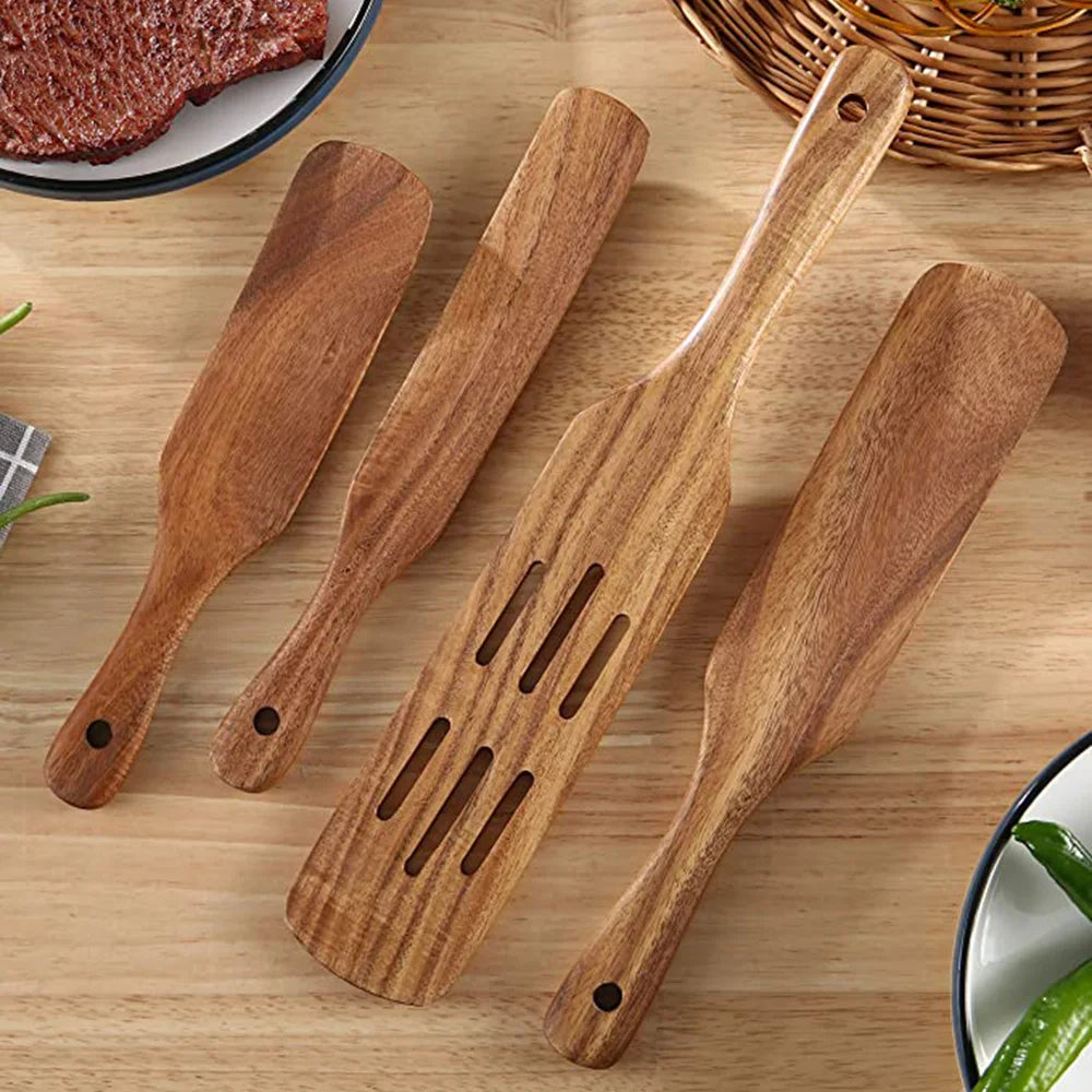 1-7pcs Teak Wood Tableware Set – Natural Wooden Spoons, Colander Spoon & Soup Skimmer Cooking Tool Kit